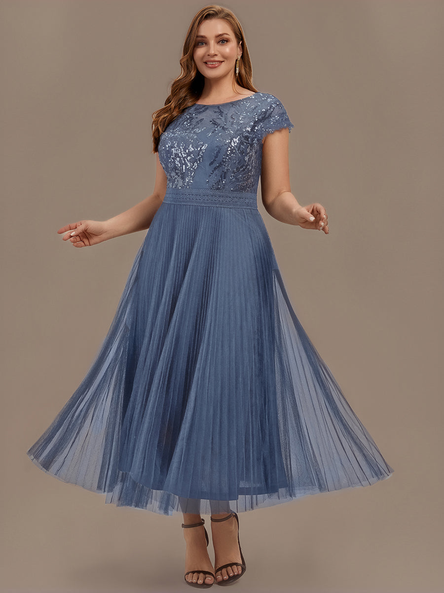 See-through Sequin Cap Sleeve Wedding Guest Dress #color_Dusty Blue
