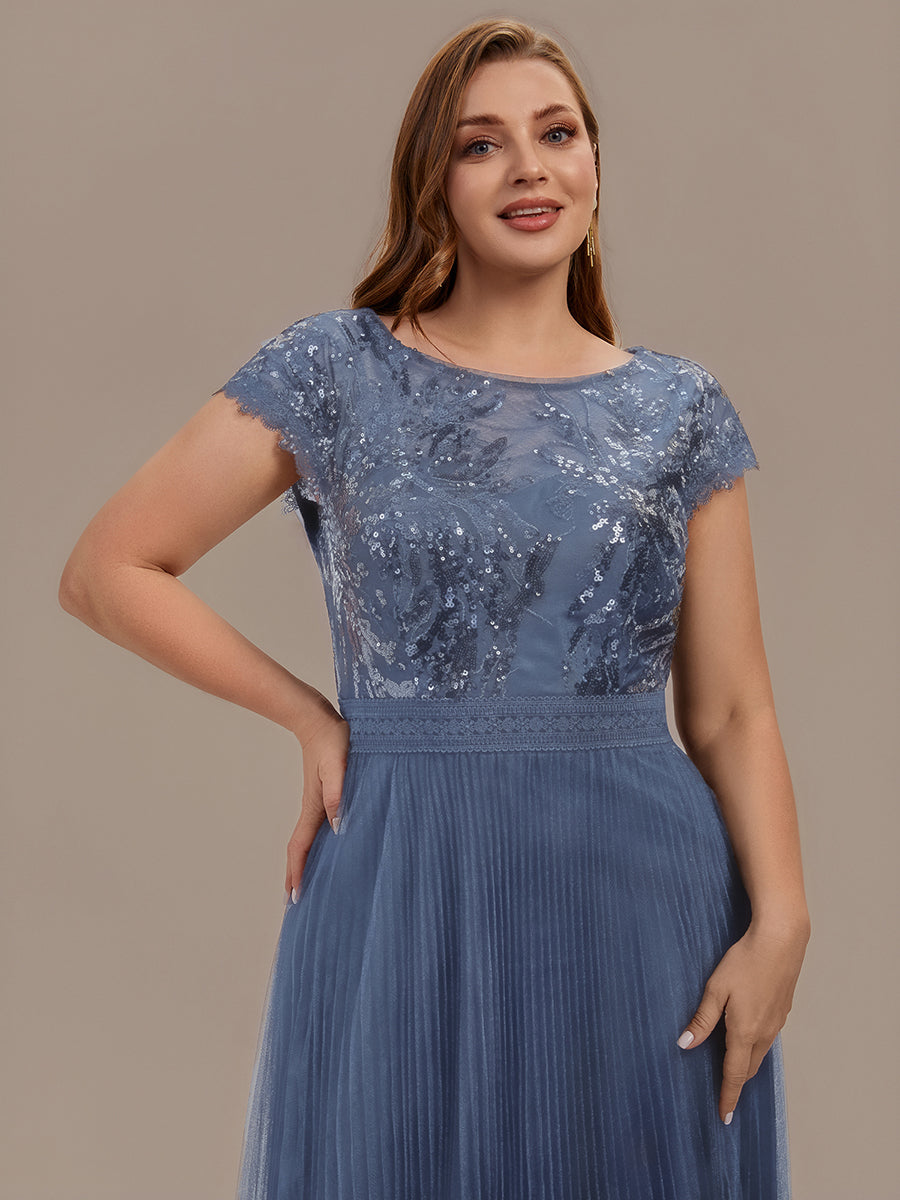 See-through Sequin Cap Sleeve Wedding Guest Dress #color_Dusty Blue