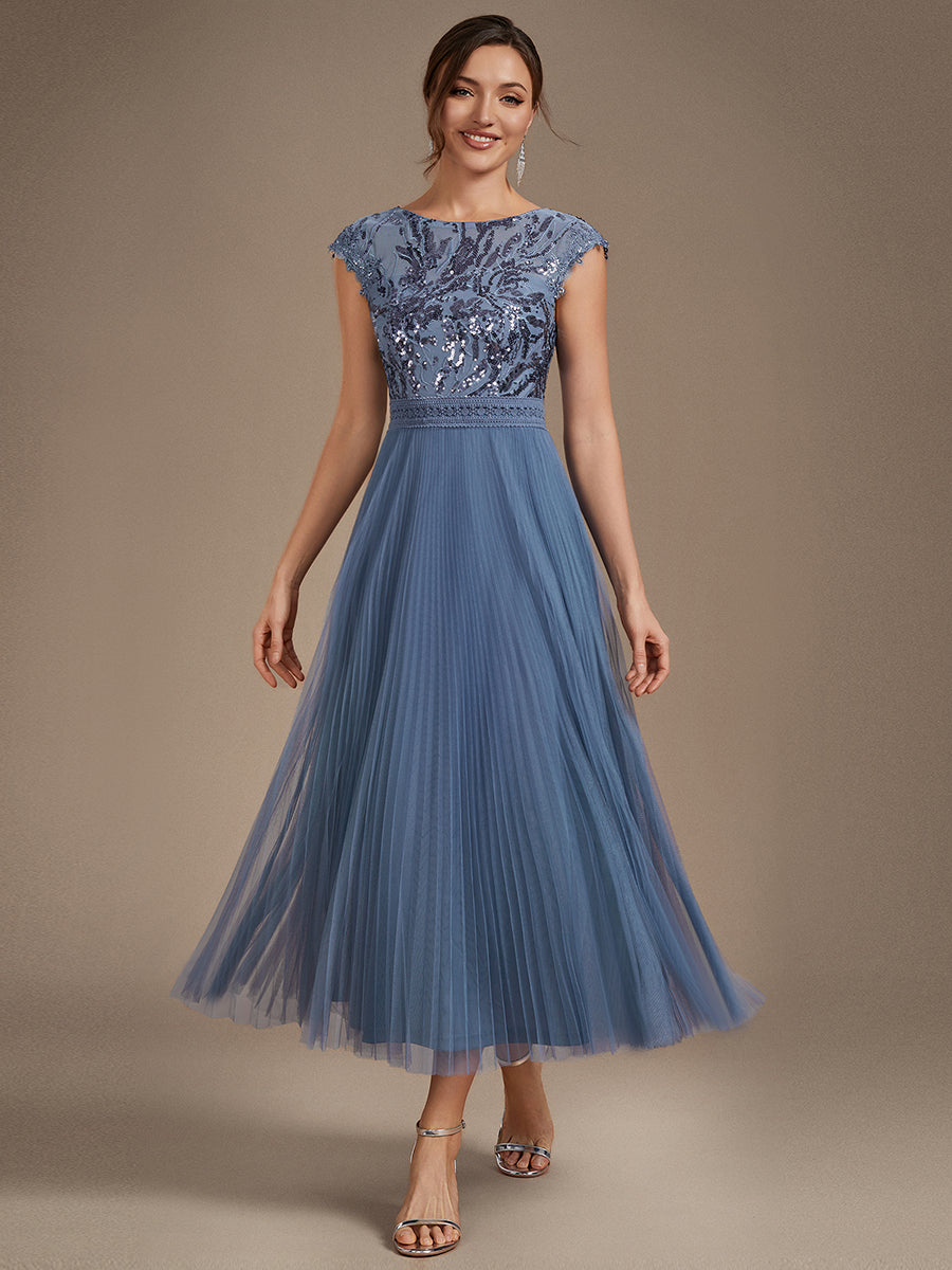 See-through Sequin Cap Sleeve Wedding Guest Dress #color_Dusty Blue