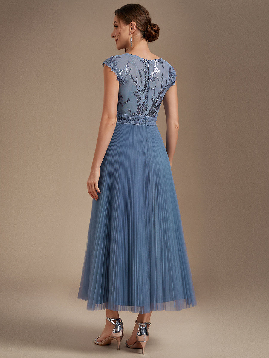 See-through Sequin Cap Sleeve Wedding Guest Dress #color_Dusty Blue