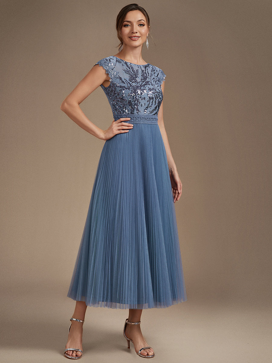 See-through Sequin Cap Sleeve Wedding Guest Dress #color_Dusty Blue