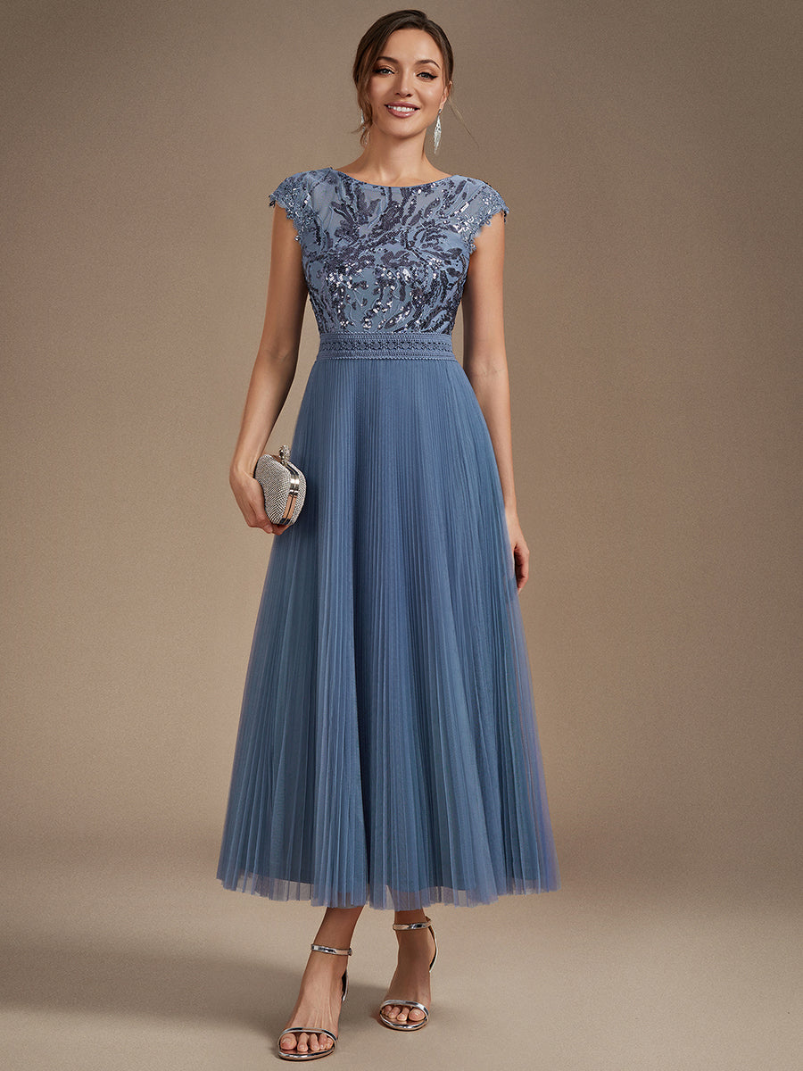 See-through Sequin Cap Sleeve Wedding Guest Dress #color_Dusty Blue