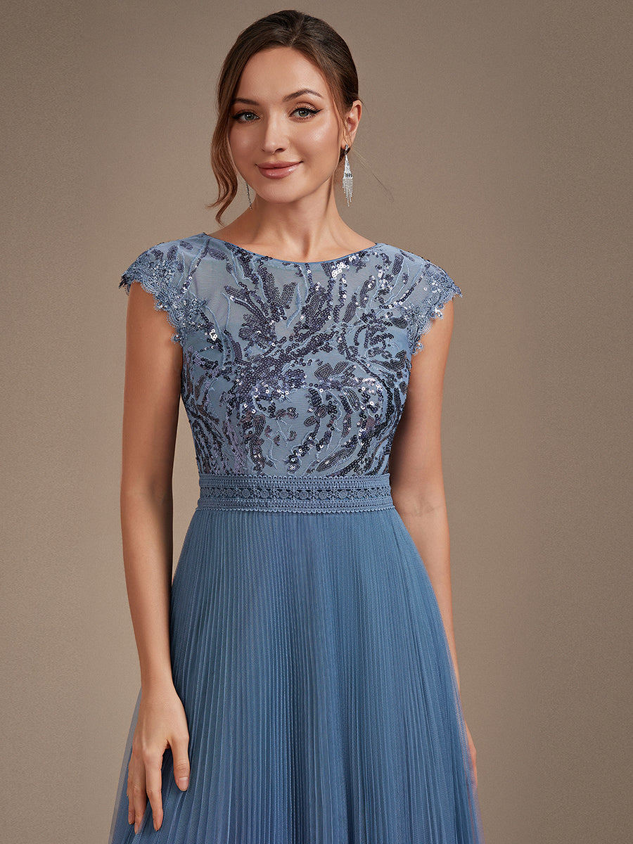 See-through Sequin Cap Sleeve Wedding Guest Dress #color_Dusty Blue