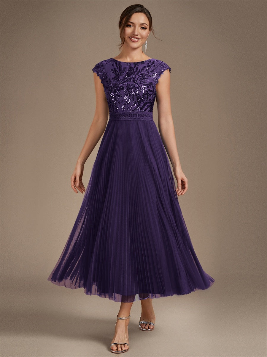 See-through Sequin Cap Sleeve Wedding Guest Dress #color_Dark Purple