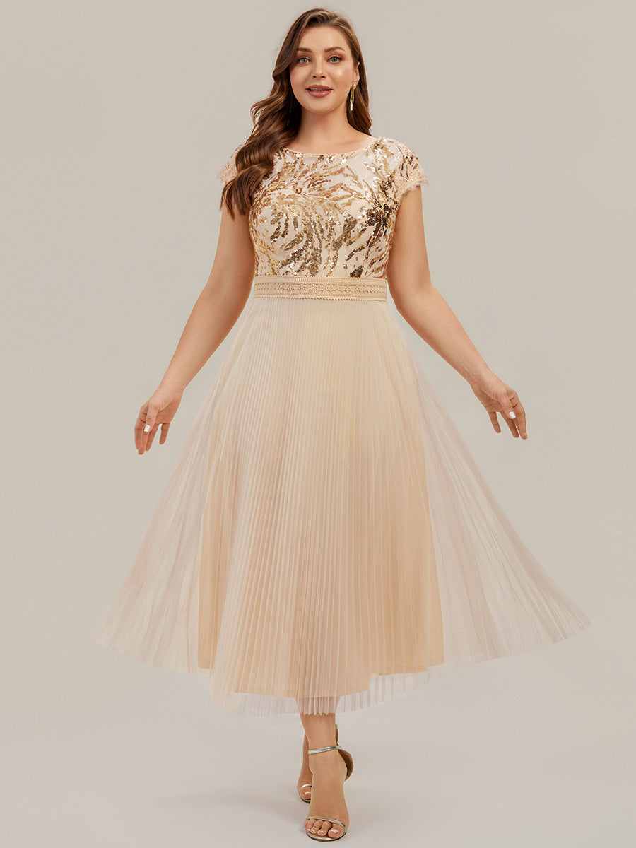 See-through Sequin Cap Sleeve Wedding Guest Dress #color_Gold