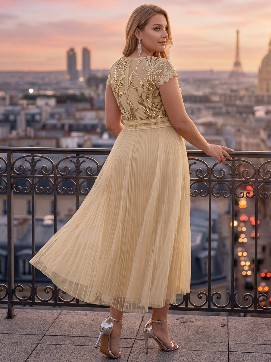 Plus Size See-through Sequin Wedding Guest Dress #color_Gold
