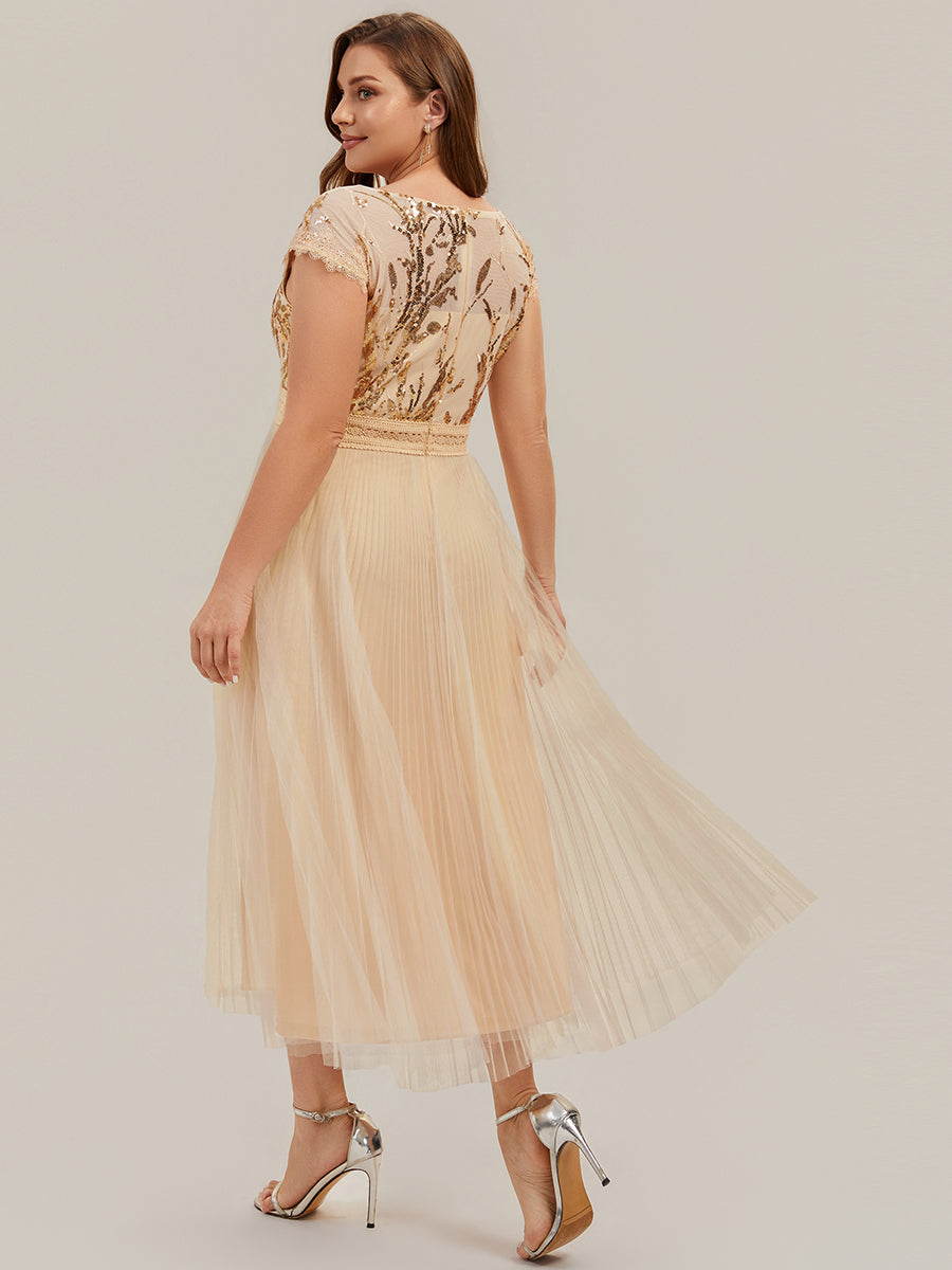 See-through Sequin Cap Sleeve Wedding Guest Dress #color_Gold