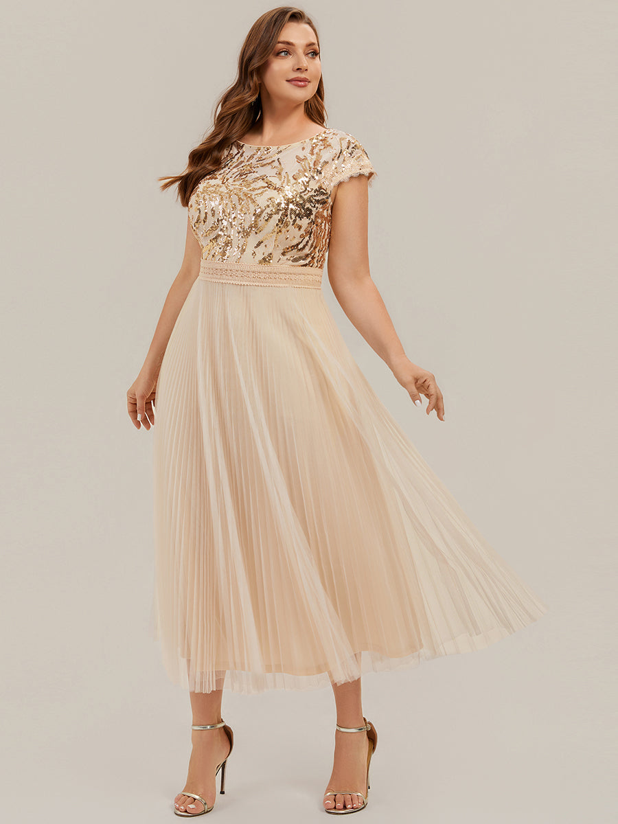 See-through Sequin Cap Sleeve Wedding Guest Dress #color_Gold