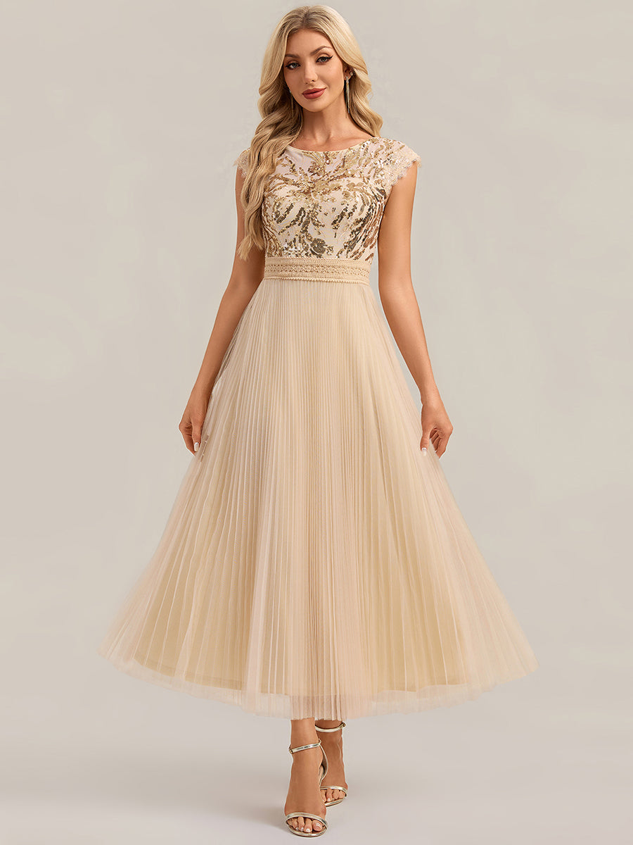 See-through Sequin Cap Sleeve Wedding Guest Dress #color_Gold
