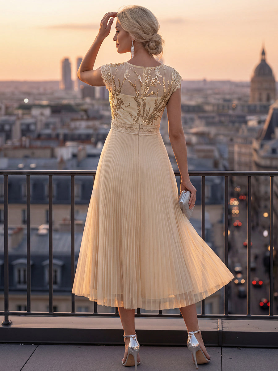 See-through Sequin Cap Sleeve Wedding Guest Dress #color_Gold