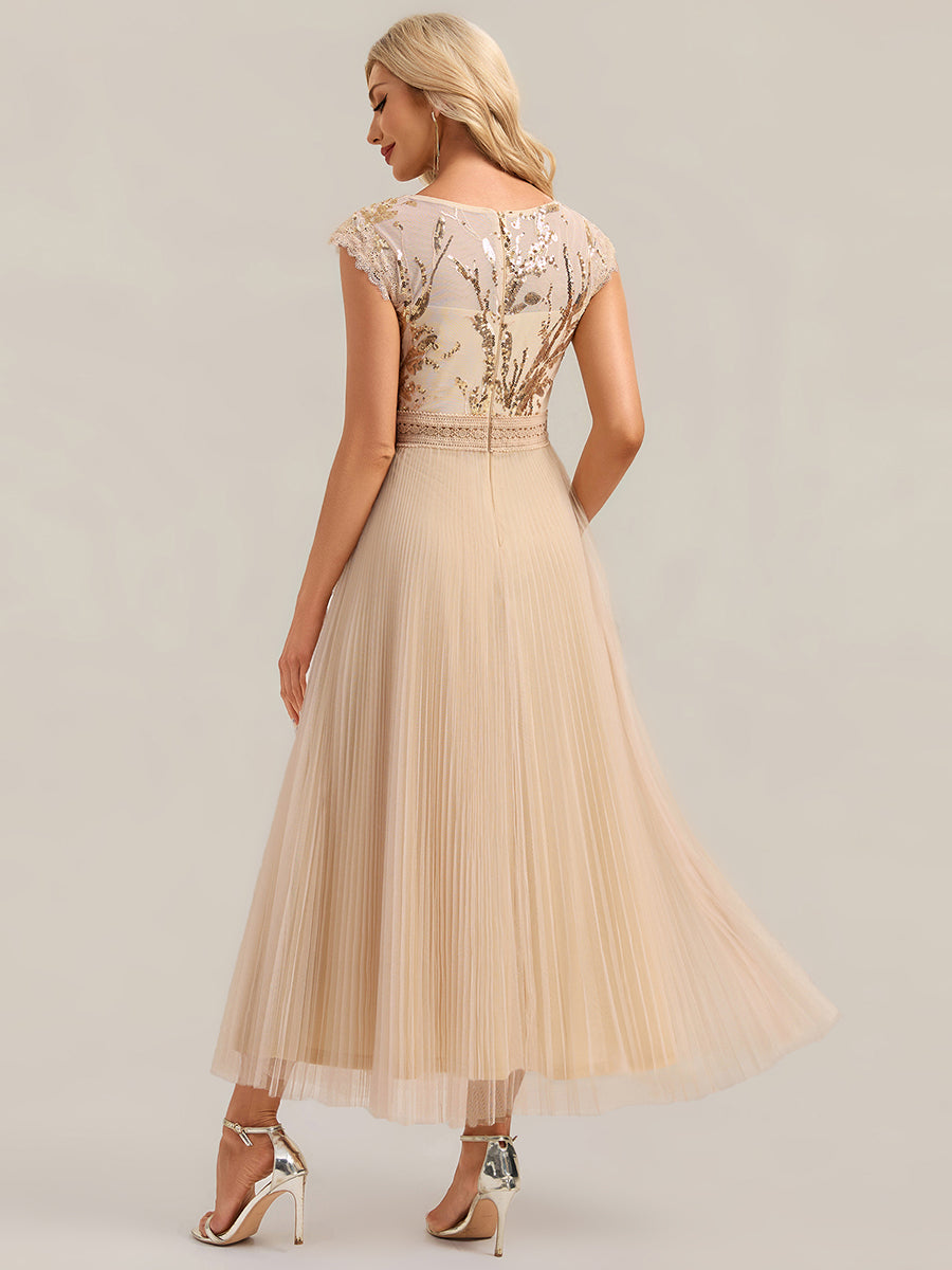 See-through Sequin Cap Sleeve Wedding Guest Dress #color_Gold