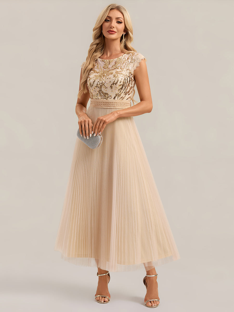 See-through Sequin Cap Sleeve Wedding Guest Dress #color_Gold