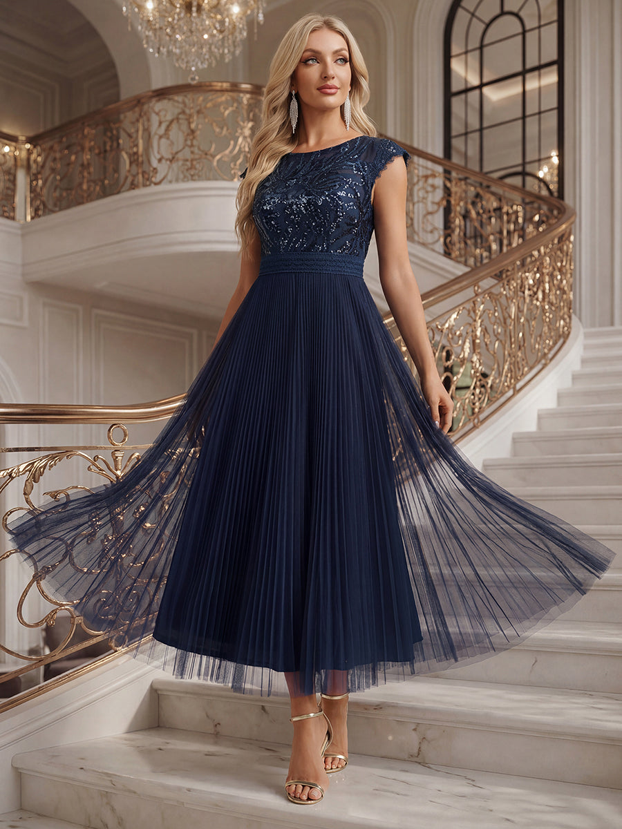 See-through Sequin Cap Sleeve Wedding Guest Dress #color_Navy Blue