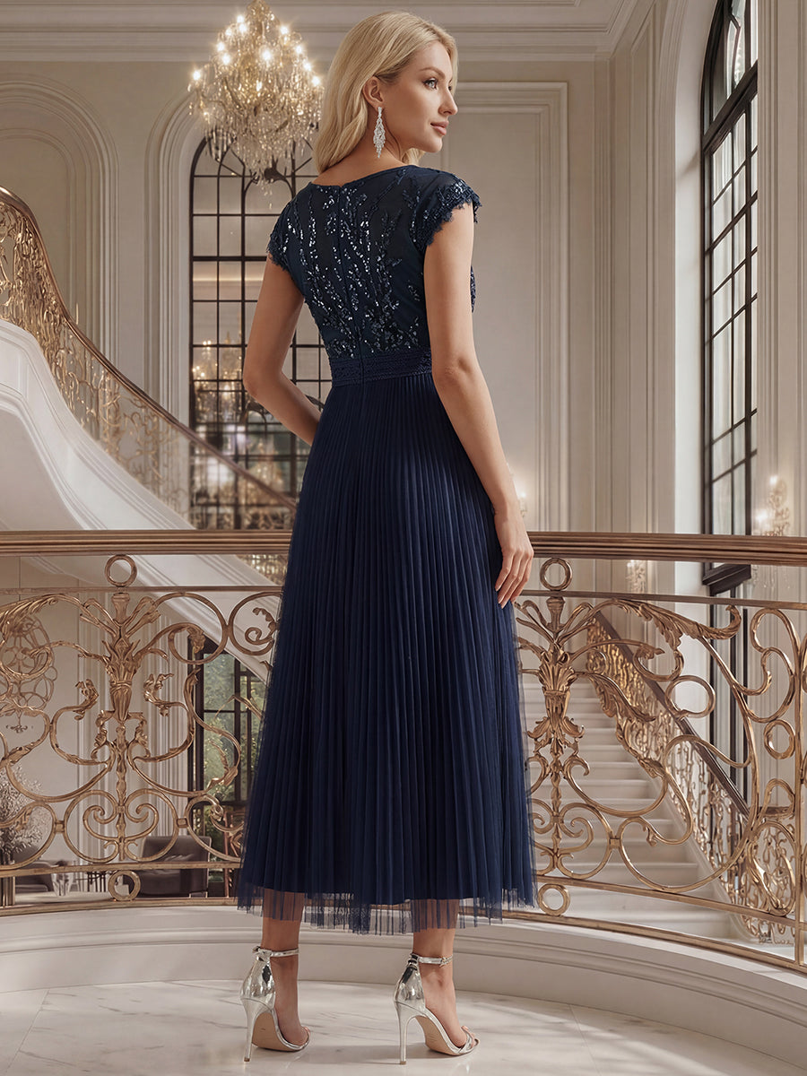 See-through Sequin Cap Sleeve Wedding Guest Dress #color_Navy Blue