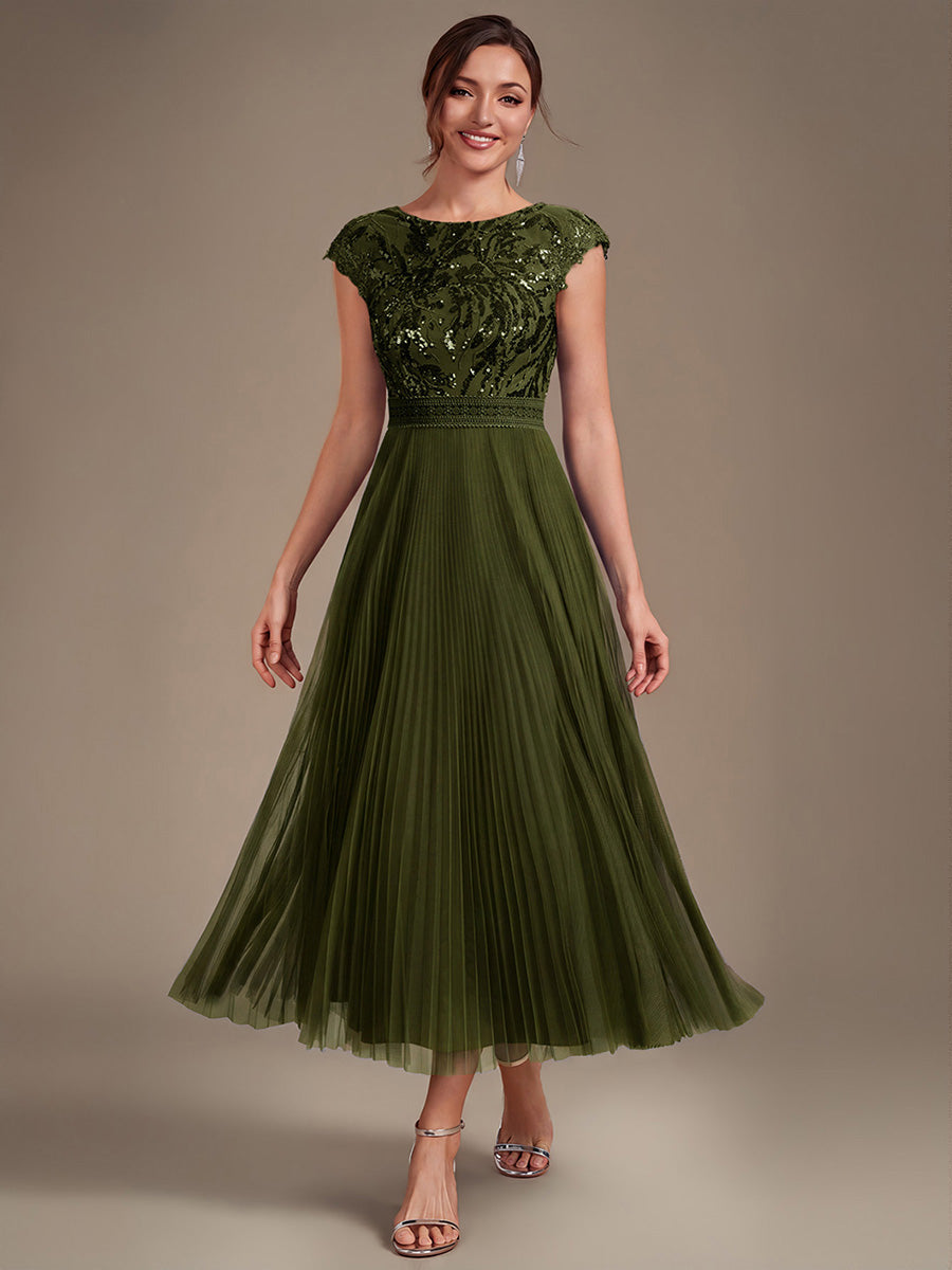 See-through Sequin Cap Sleeve Wedding Guest Dress #color_Olive Green