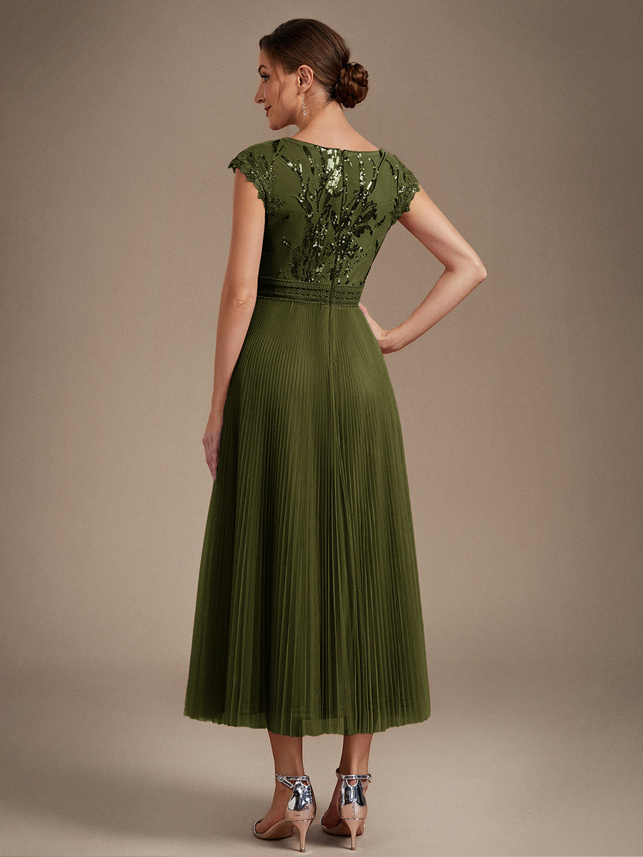 See-through Sequin Cap Sleeve Wedding Guest Dress #color_Olive Green