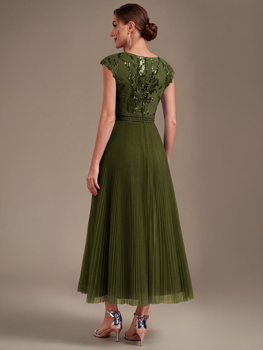 See-through Sequin Cap Sleeve Wedding Guest Dress #color_Olive Green