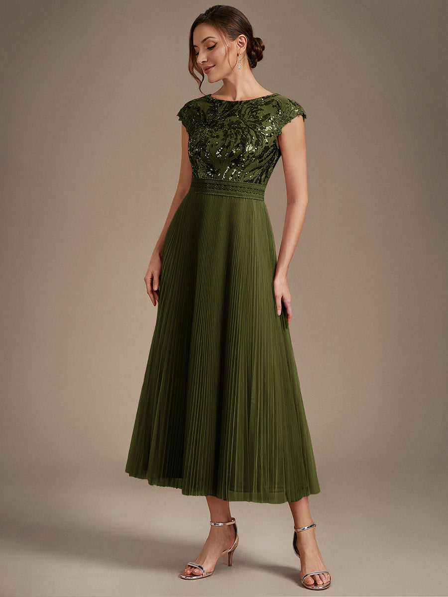 See-through Sequin Cap Sleeve Wedding Guest Dress #color_Olive Green