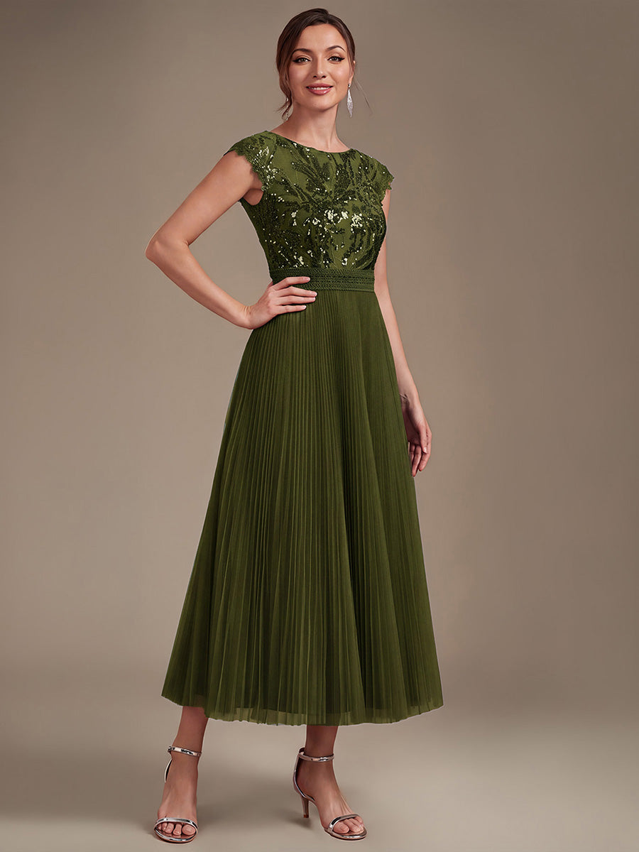 See-through Sequin Cap Sleeve Wedding Guest Dress #color_Olive Green