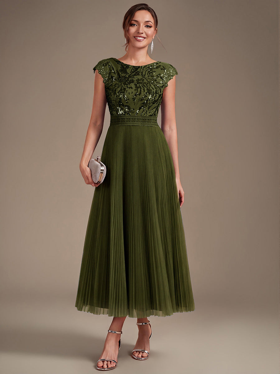 See-through Sequin Cap Sleeve Wedding Guest Dress #color_Olive Green