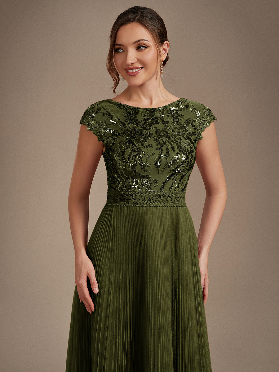 See-through Sequin Cap Sleeve Wedding Guest Dress #color_Olive Green