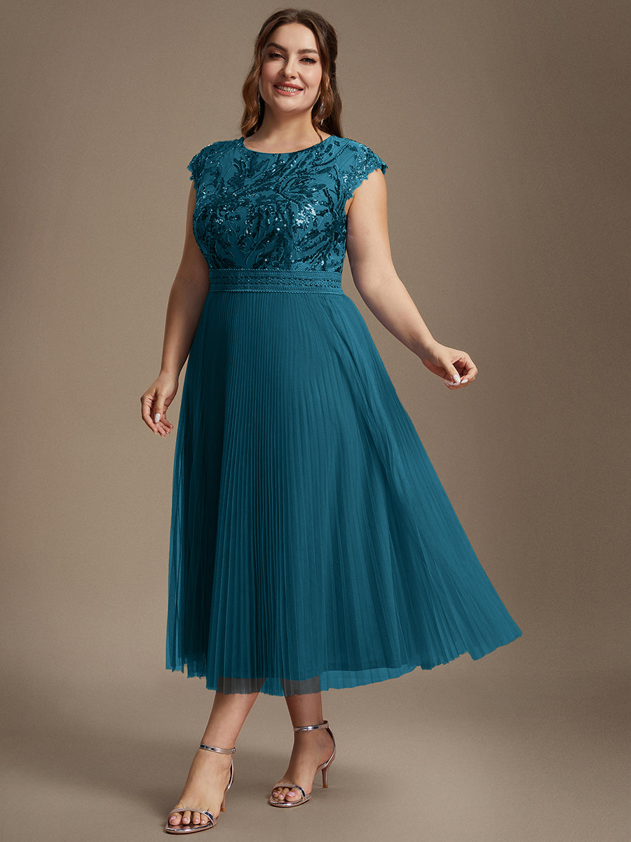 Plus Size See-through Sequin Wedding Guest Dress #color_Teal Blue