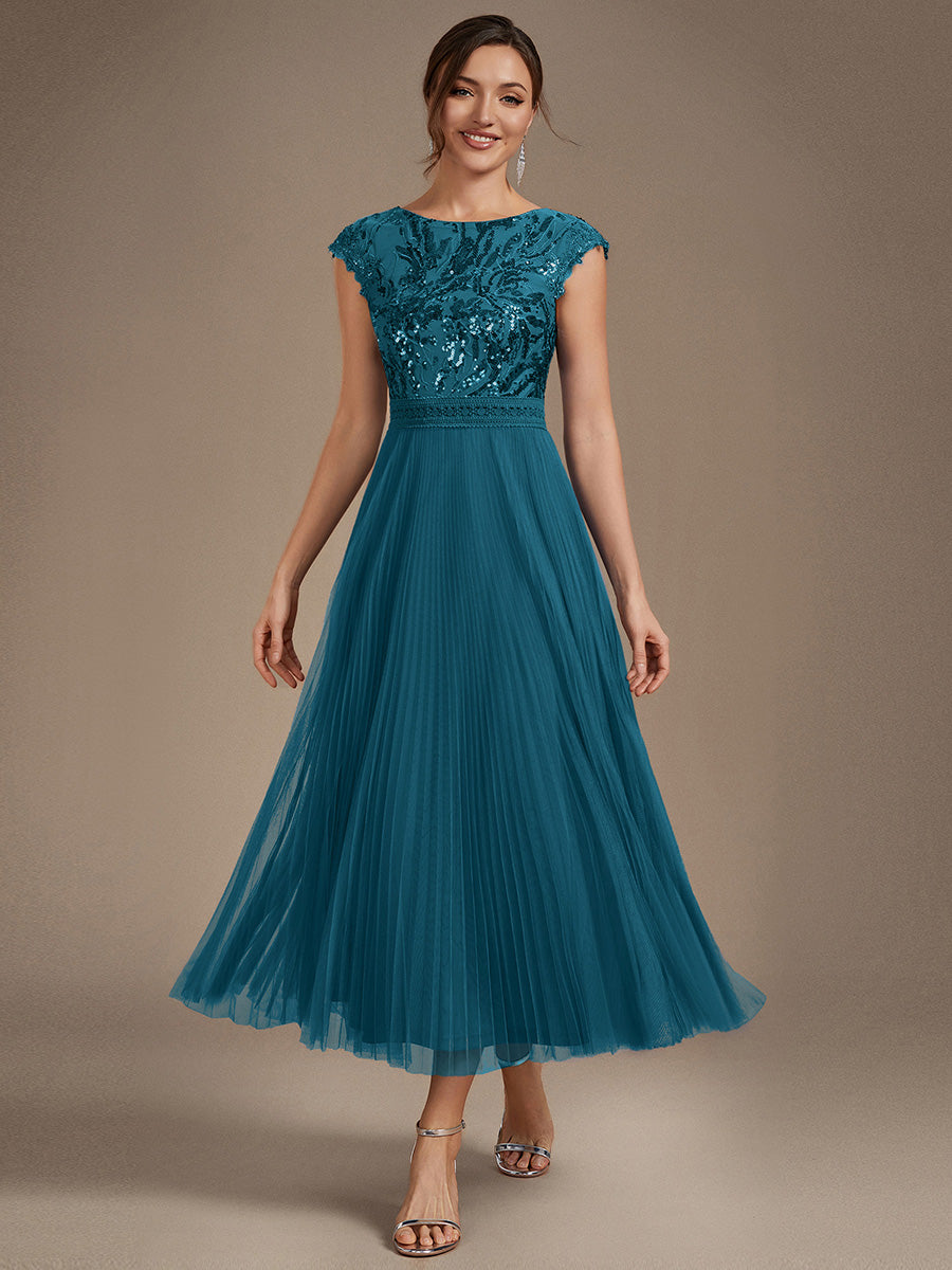 See-through Sequin Cap Sleeve Wedding Guest Dress #color_Teal Blue