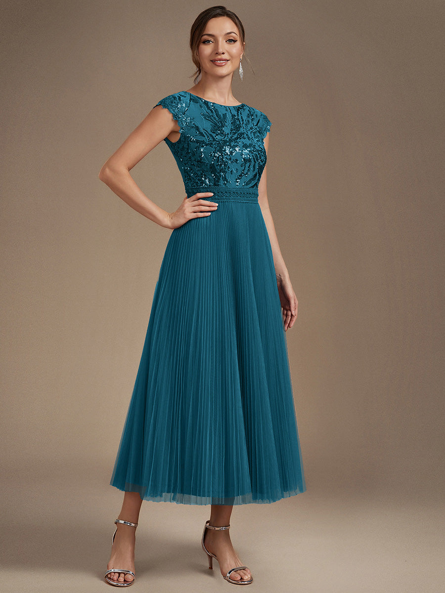 See-through Sequin Cap Sleeve Wedding Guest Dress #color_Teal Blue