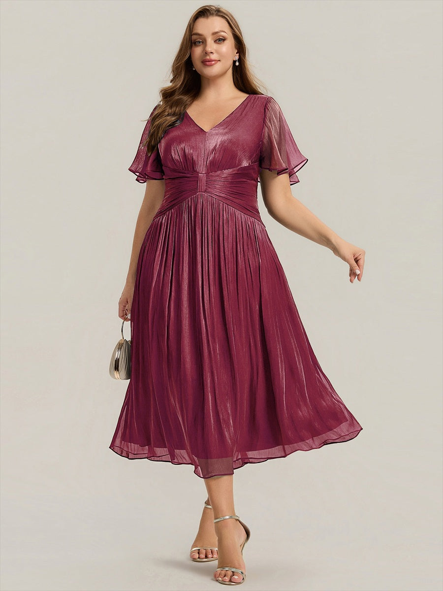 Ruffled Sea-island Ruffle Sleeve Midi Wedding Guest Dress #color_Burgundy