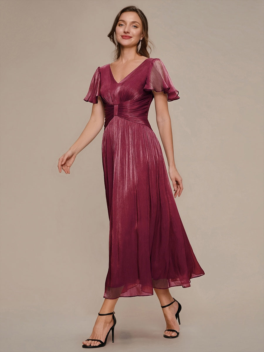 Ruffled Sea-island Ruffle Sleeve Midi Wedding Guest Dress #color_Burgundy