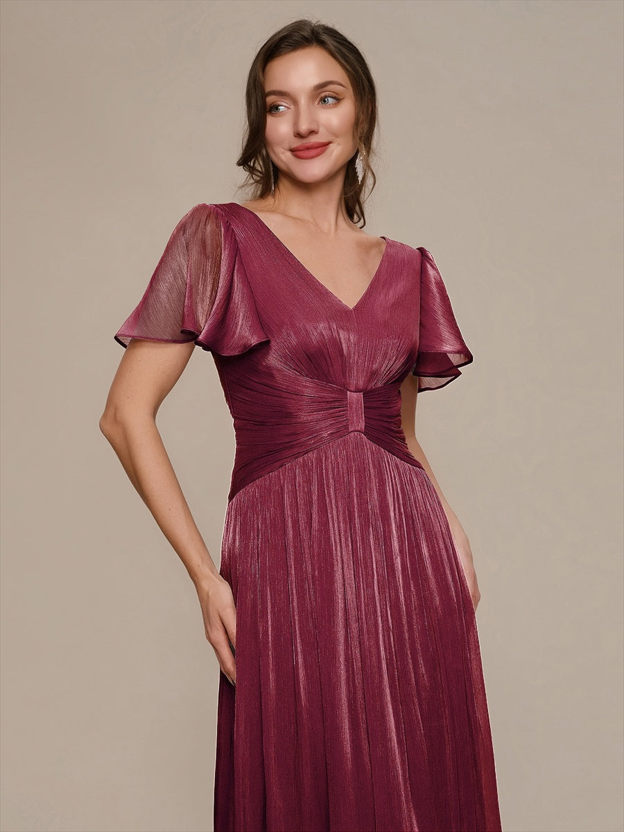 Ruffled Sea-island Ruffle Sleeve Midi Wedding Guest Dress #color_Burgundy