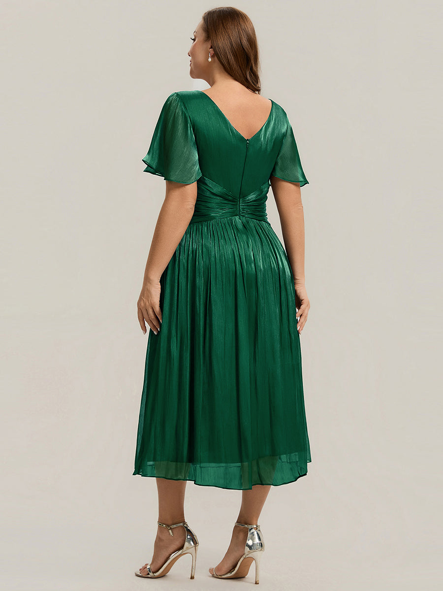 Plus Size Gathered Sea-island Wedding Guest Dress #color_Dark Green