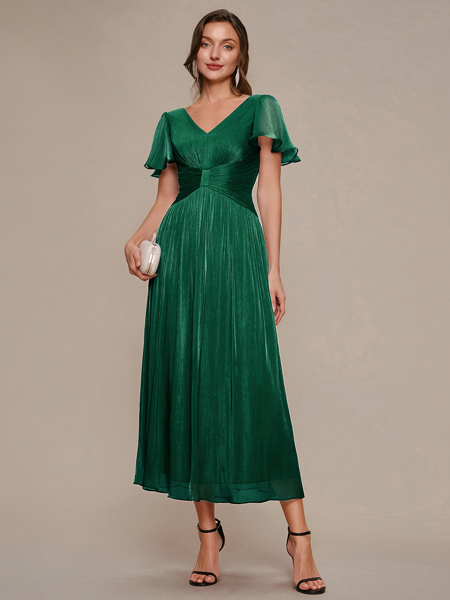 Ruffled Sea-island Ruffle Sleeve Midi Wedding Guest Dress #color_Dark Green