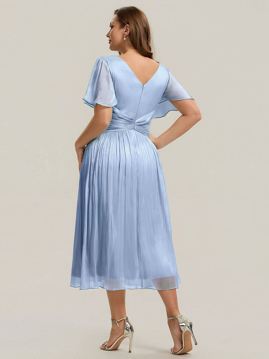 Ruffled Sea-island Ruffle Sleeve Midi Wedding Guest Dress #color_Dusty Blue