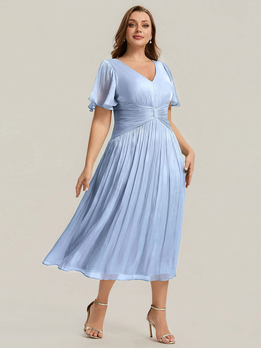 Plus Size Gathered Sea-island Wedding Guest Dress #color_Dusty Blue