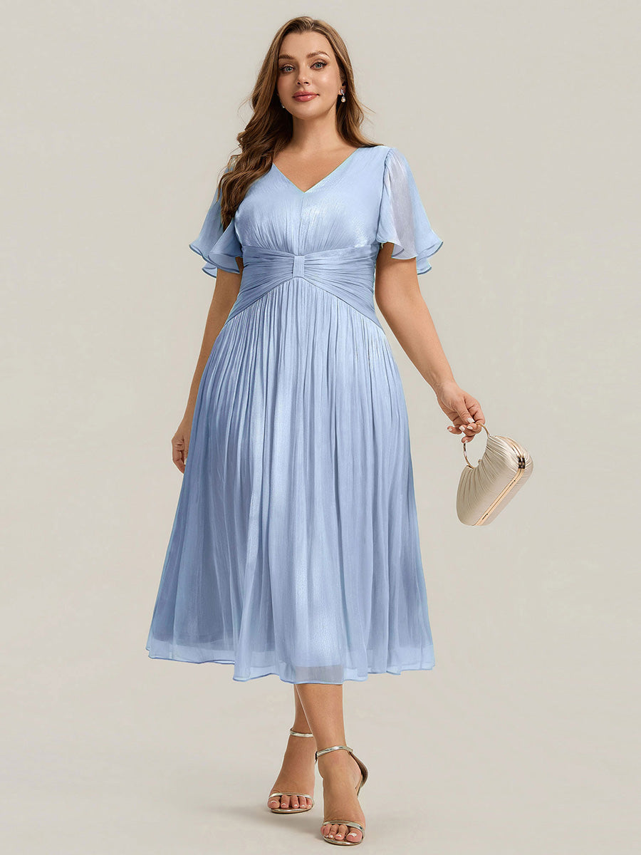 Plus Size Gathered Sea-island Wedding Guest Dress #color_Dusty Blue