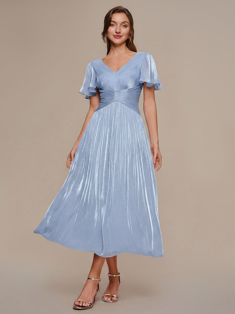 Ruffled Sea-island Ruffle Sleeve Midi Wedding Guest Dress #color_Dusty Blue