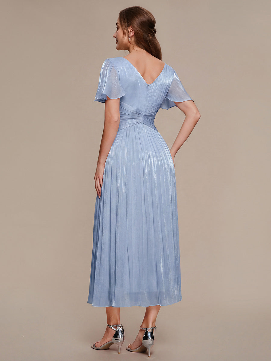 Ruffled Sea-island Ruffle Sleeve Midi Wedding Guest Dress #color_Dusty Blue