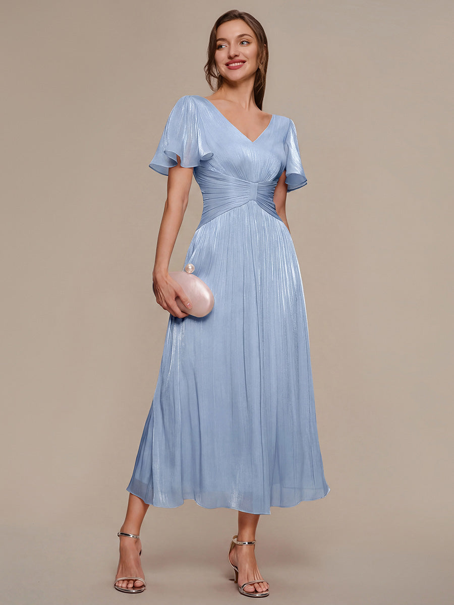 Ruffled Sea-island Ruffle Sleeve Midi Wedding Guest Dress #color_Dusty Blue