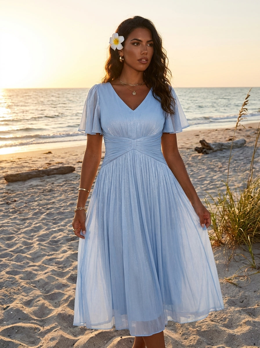 Ruffled Sea-island Ruffle Sleeve Midi Wedding Guest Dress #color_Dusty Blue