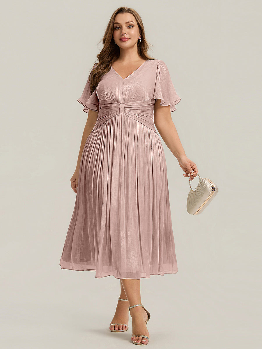 Ruffled Sea-island Ruffle Sleeve Midi Wedding Guest Dress #color_Dusty Rose