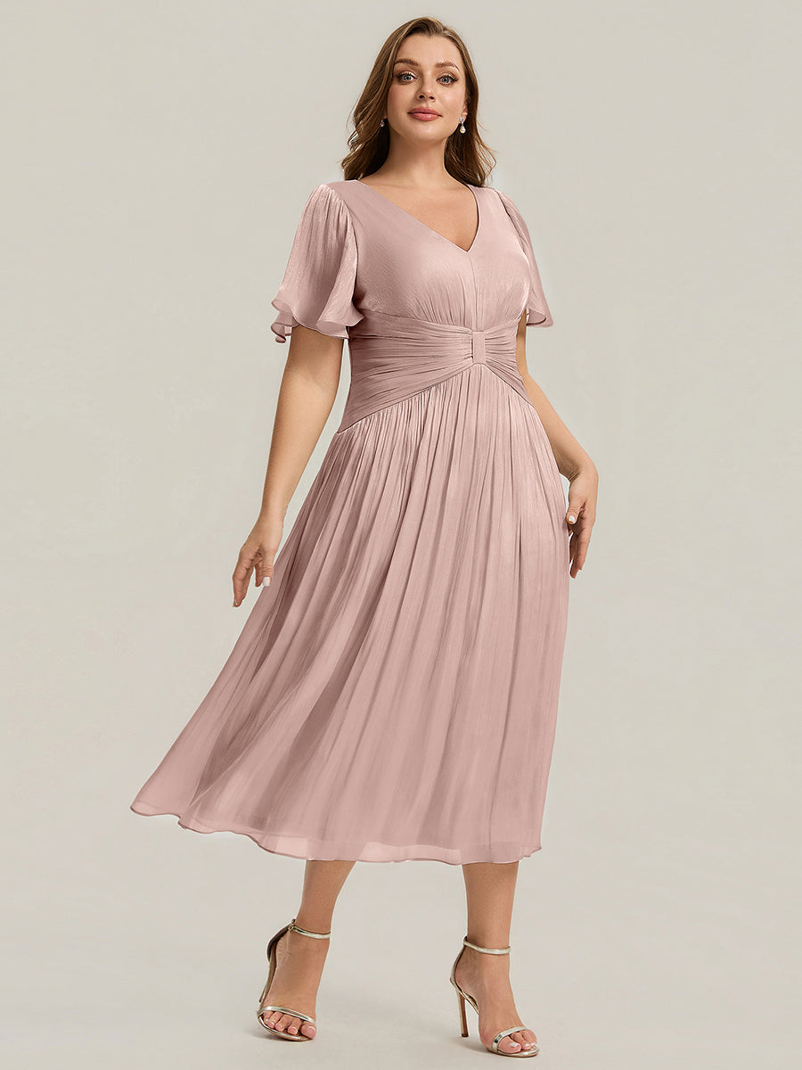Ruffled Sea-island Ruffle Sleeve Midi Wedding Guest Dress #color_Dusty Rose