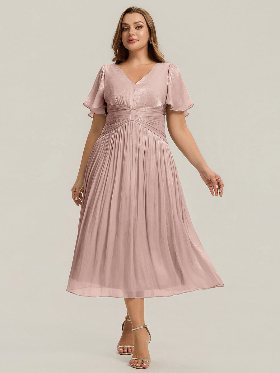 Ruffled Sea-island Ruffle Sleeve Midi Wedding Guest Dress #color_Dusty Rose