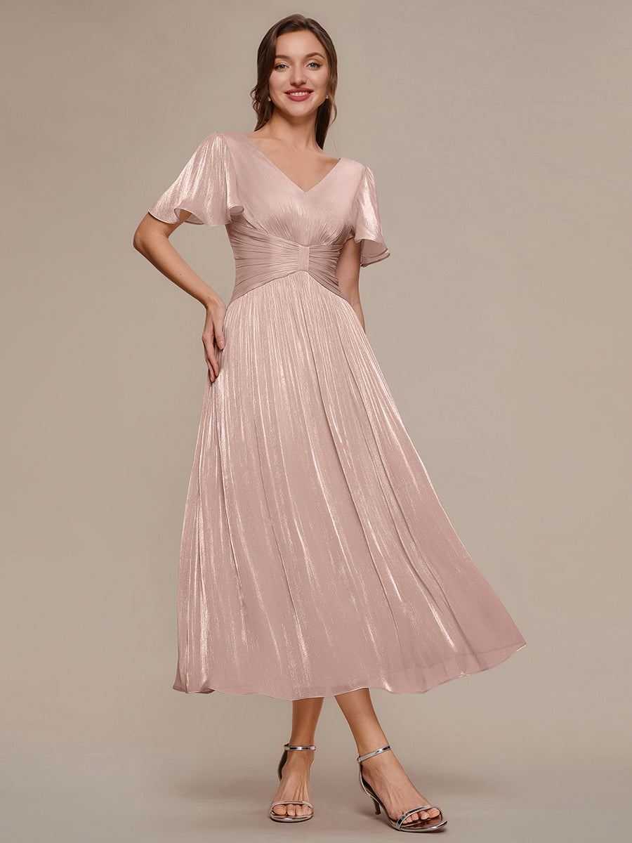 Ruffled Sea-island Ruffle Sleeve Midi Wedding Guest Dress #color_Dusty Rose