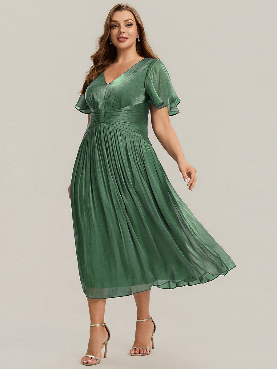 Ruffled Sea-island Ruffle Sleeve Midi Wedding Guest Dress #color_Eucalyptus