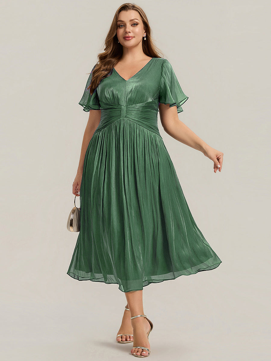 Plus Size Gathered Sea-island Wedding Guest Dress #color_Eucalyptus