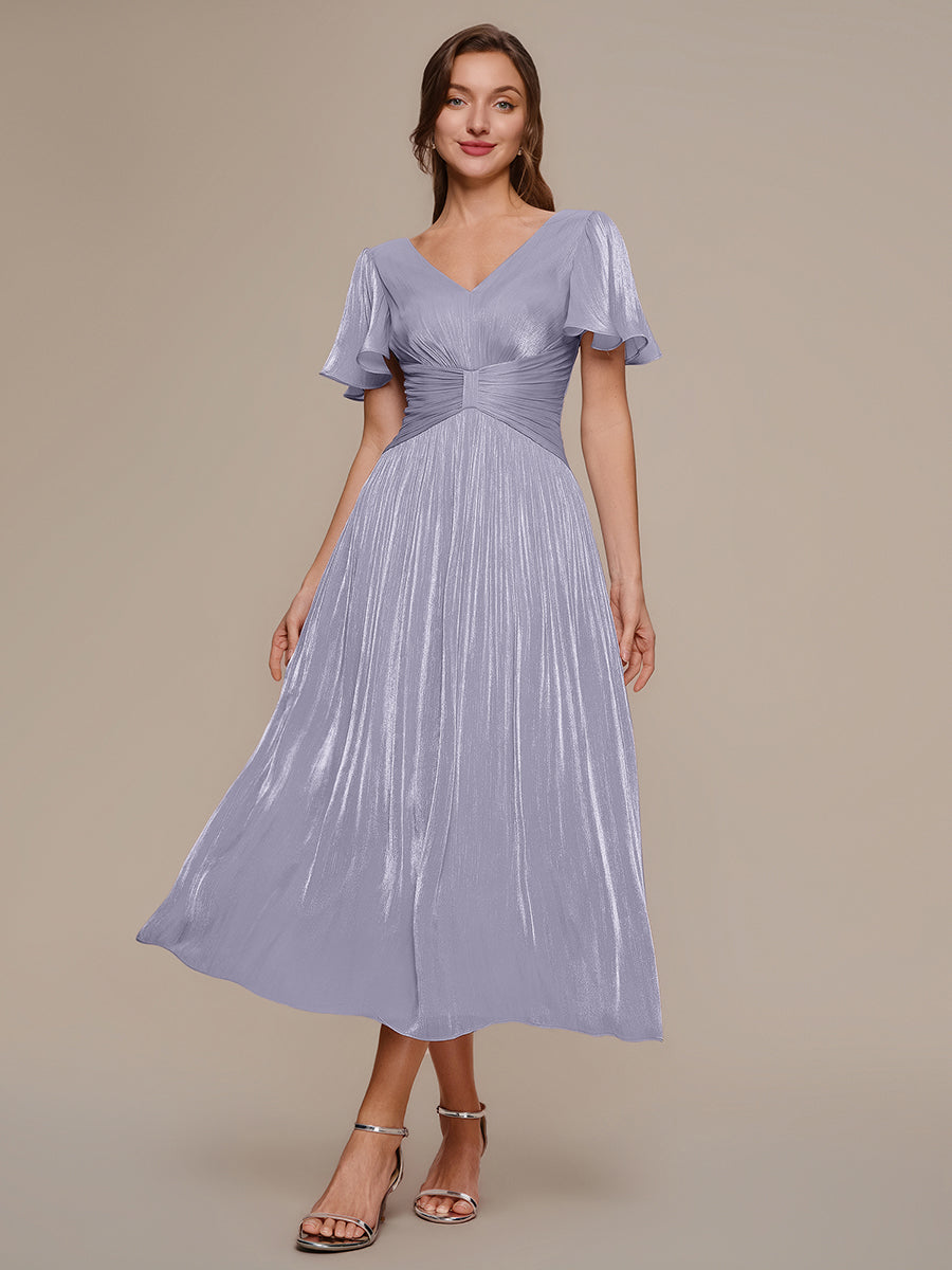 Ruffled Sea-island Ruffle Sleeve Midi Wedding Guest Dress #color_Frosted Lilac
