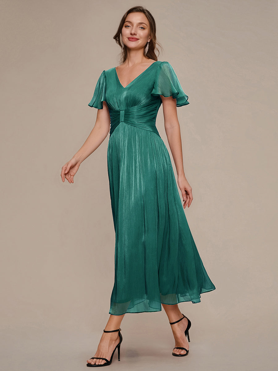 Ruffled Sea-island Ruffle Sleeve Midi Wedding Guest Dress #color_Teal Blue