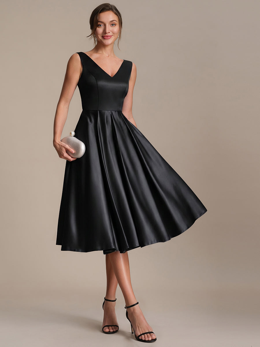 Pleated Satin Sleeveless Wedding Guest Dress #color_Black