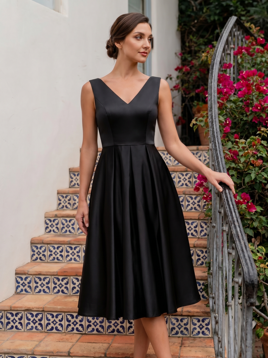 Pleated Satin Sleeveless Wedding Guest Dress #color_Black